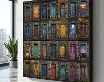 Vintage deuren collage canvas, rustieke muurkunst, antieke deuropening decor, kleurrijk deurpaneel canvas, huis ingang kunst, klaar om op te hangen