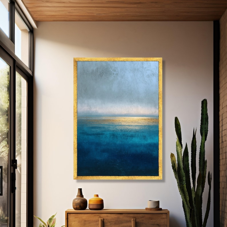 Abstract Ocean Horizon Canvas, Blue and Gold Wall Art, Modern Seascape, Contemporary Rothko Style Canvas, Coastal Home Decoration image 2