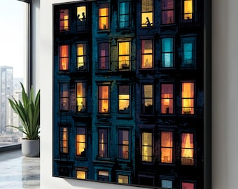 Cozy Apartment Windows at Night, Urban Cityscape Canvas, Warm Interior Light Wall Art, Modern Home Decor, Residential Building Scene Canvas