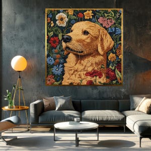 ゴールデンレトリバーのキャンバス、犬の刺繍アート、花柄の壁アート、動物のタペストリー、壁アートのキャンバスデザイン、すぐに飾れる装飾