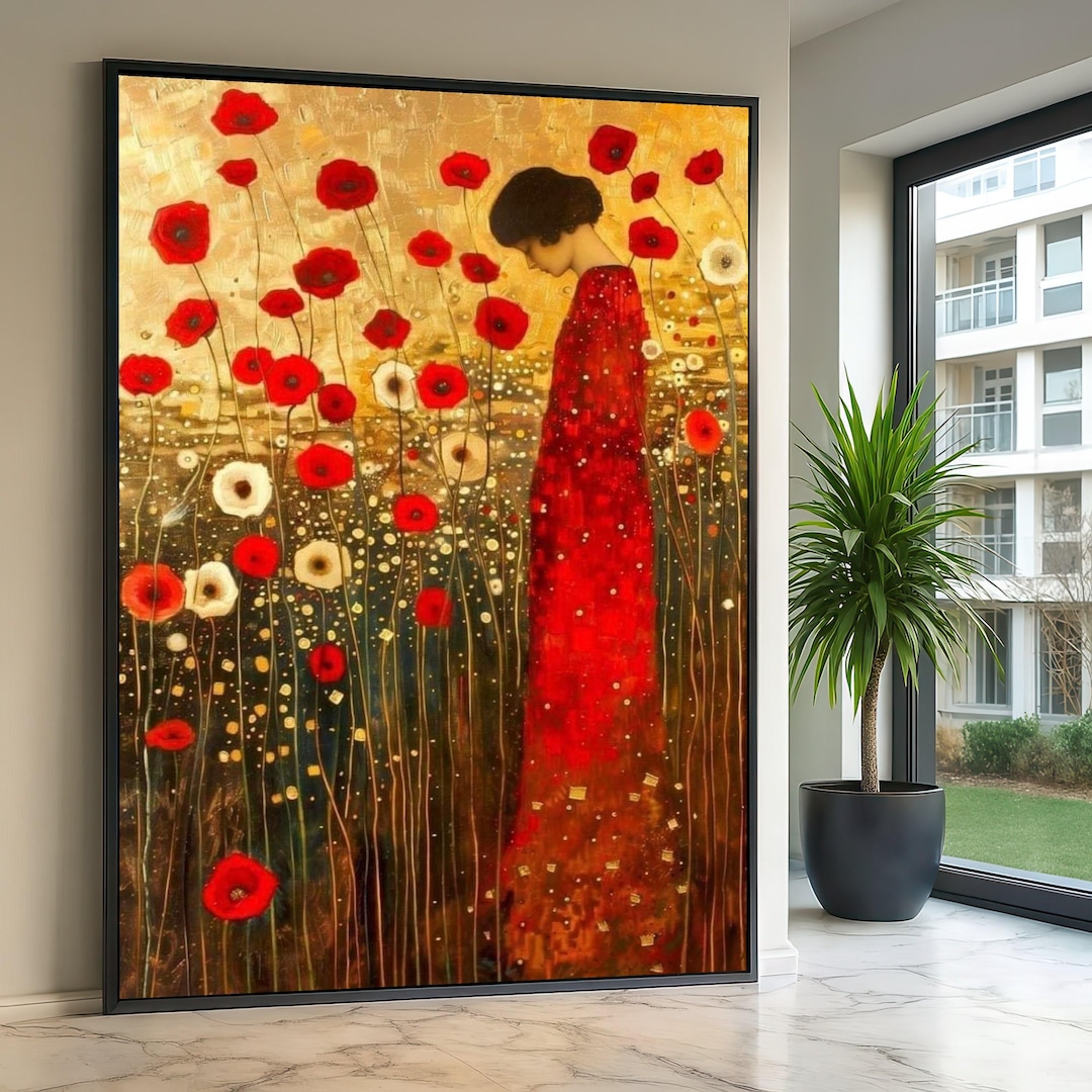 Gustav Klimt Red Poppy Flowers Canvas, Woman in Red Dress Art, Floral ...