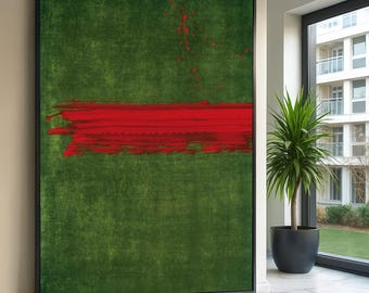 Abstract Red Stroke on Green Canvas, Mark Rothko Inspired Wall Art, Modern Minimalist Canvas Decoration, Bold Color Contrast Painting