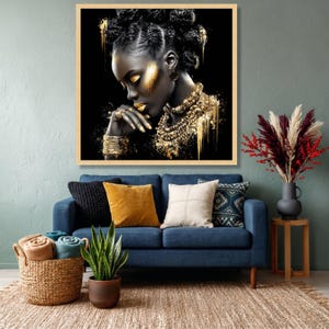 Elegant Black and Gold Portrait Canvas, African Woman Art Print, Modern Ethnic Wall Art, Glamour Home Decor, Stylish Canvas Painting image 6