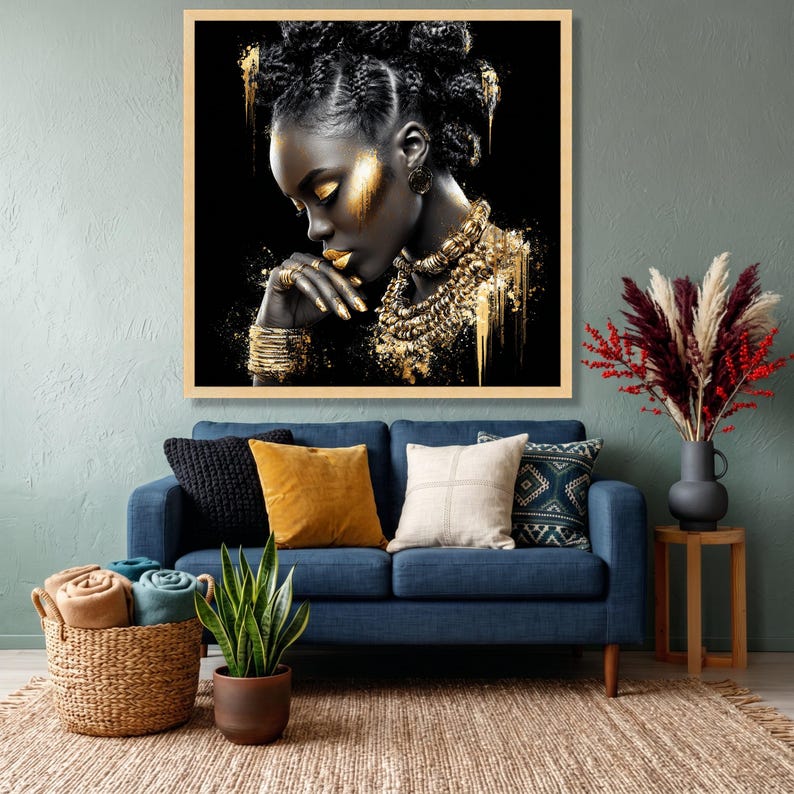 Elegant Black and Gold Portrait Canvas, African Woman Art Print, Modern Ethnic Wall Art, Glamour Home Decor, Stylish Canvas Painting image 6