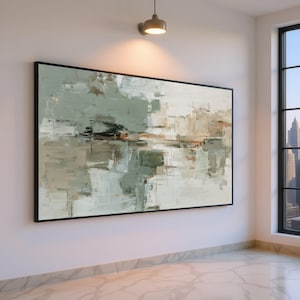 Tela astratta dai toni neutri, arte murale moderna e minimalista, dipinto verde, beige e marrone, grande tela contemporanea, opera d'arte per l'arredamento di casa