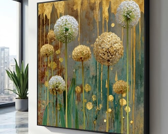Elegant Dandelion Blooms Canvas Wall Art, Gold Leaf Accents, Botanical Home Decor, Modern Floral Painting, Nature Inspired Canvas Print