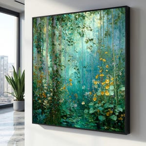 Mystical Forest Stream Canvas, Gustav Klimt Floral Nature Wall Art, Tranquil Woodland Scene, Ready to Hang Canvas Decoration