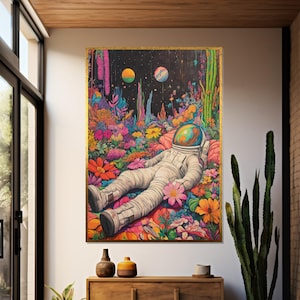 Cosmic Dreamscape Canvas, Astronaut in Flowers, Space Art, Vibrant Wall Art Canvas Design, Psychedelic Decor, Ready To Hang Decoration