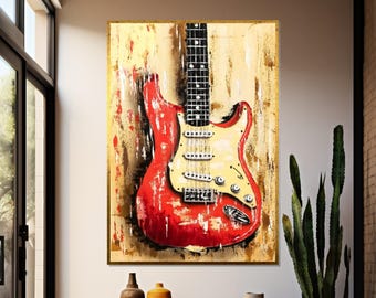 Electric Guitar Canvas Art, Red Guitar Painting, Music Wall Art, Guitar Poster, Wall Art Canvas Design, Ready To Hang Decoration