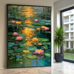 Monet geïnspireerde waterlelies canvas, impressionistische bloemen muurkunst, levendige natuur landschap canvas, woondecoratie schilderij, klaar om op te hangen