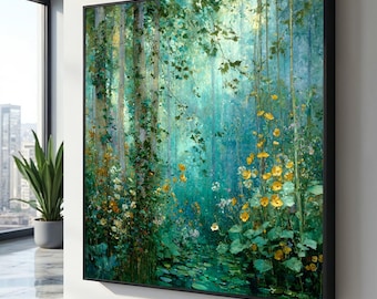 Mystical Forest Stream Canvas, Gustav Klimt Floral Nature Wall Art, Tranquil Woodland Scene, Ready to Hang Canvas Decoration