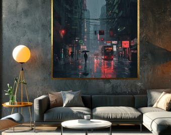 Rainy City Nightscape Canvas, Urban Street Scene, Neon Lights Art, Wall Art Canvas Design, Ready To Hang Decoration