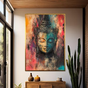 Buddha Serenity Leinwand, mehrfarbige Buddha Kunst, spirituelle Wandkunst, entspannendes Leinwanddesign, fertig zum Aufhängen für das Zen Poster