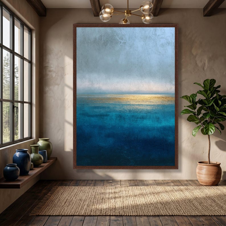 Abstract Ocean Horizon Canvas, Blue and Gold Wall Art, Modern Seascape, Contemporary Rothko Style Canvas, Coastal Home Decoration image 8