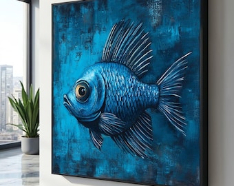 大きな魚の群れを描いた油絵、手描きのインパスト海洋アート - Etsy 日本