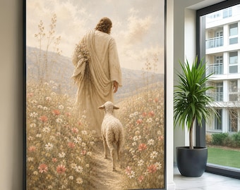 Peaceful Jesus with Lamb Canvas Wall Art, Spiritual Religious Painting, Jesus and Sheep Artwork, Soft Nature Landscape, Floral Pasture