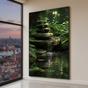 Puede incluir: Impresión en lienzo enmarcada que representa una serena escena de jardín zen. La obra presenta una pequeña cascada que cae en un estanque, con piedras apiladas y exuberante follaje verde. La paleta de colores está dominada por verdes y marrones, creando un ambiente tranquilo.