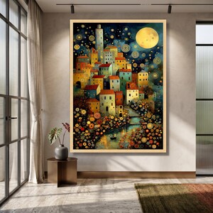 Gustav Klimt Inspired Night Village Canvas, Starry Sky and Moonlight Wall Art, Colorful Scenic Town Landscape Canvas, Artistic Home Decor image 7