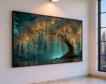 Enchanted Glowing Tree Canvas, Magical Forest Wall Art, Golden Light Water Reflection Canvas, Mystical Nature Decor, Ambient Woodland Scene