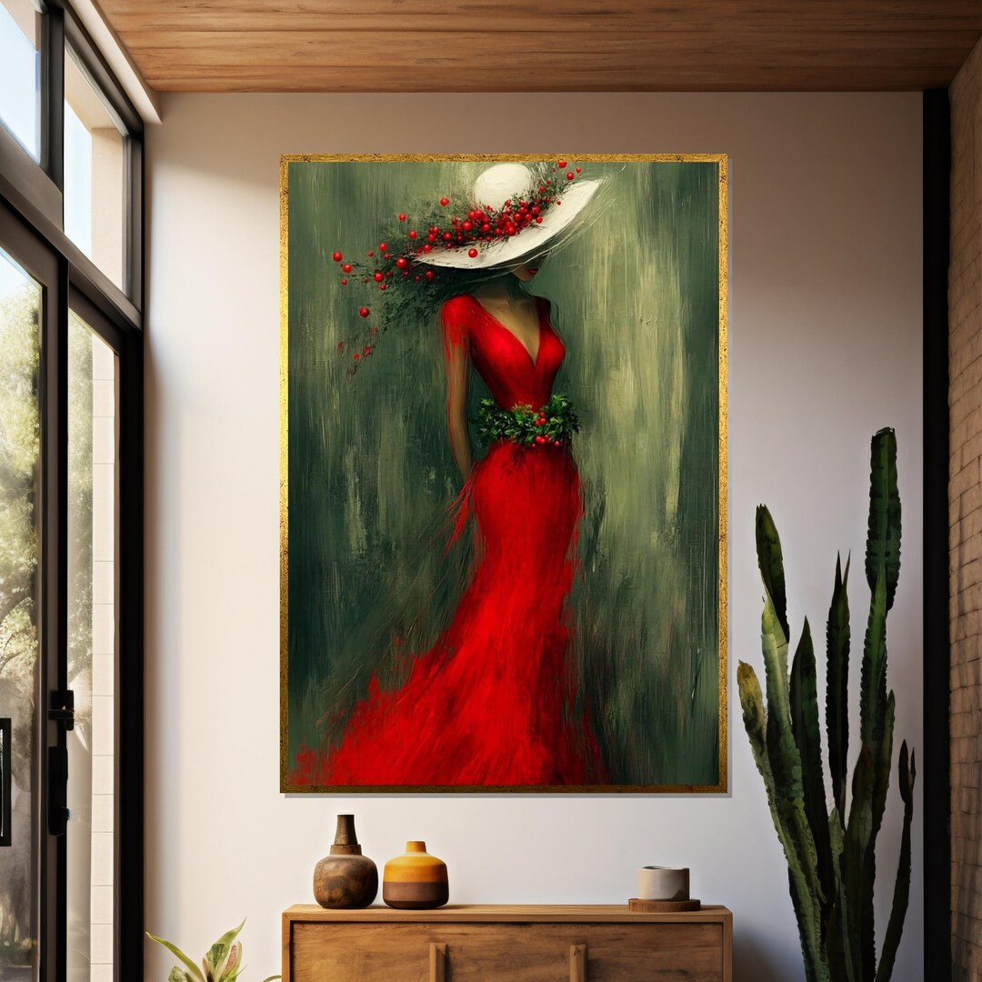 Red Elegance Canvas, Lady in Red Dress Art Print, Floral Hat Wall Art ...