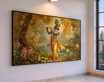Vibrant Krishna Playing Flute Canvas, Indian Mythology Wall Art, Spiritual Home Decor, Colorful Nature Scene, Sacred Art Print on Canvas