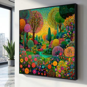 Vibrant Floral Garden Canvas, Colorful Abstract Trees Wall Art, Pointillism Style Landscape, Bright Nature Canvas Decor, Ready to Hang