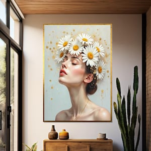 Floral Beauty Canvas, Woman with Flowers Art, Daisy Headpiece Wall Art, Decorative Feminine Canvas, Ready to Hang Portrait Design