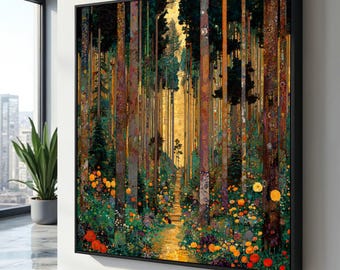 Gustav Klimt Forest Path Canvas, Colorful Floral Trees Wall Art, Golden Autumn Landscape Canvas, Nature Inspired Home Decoration