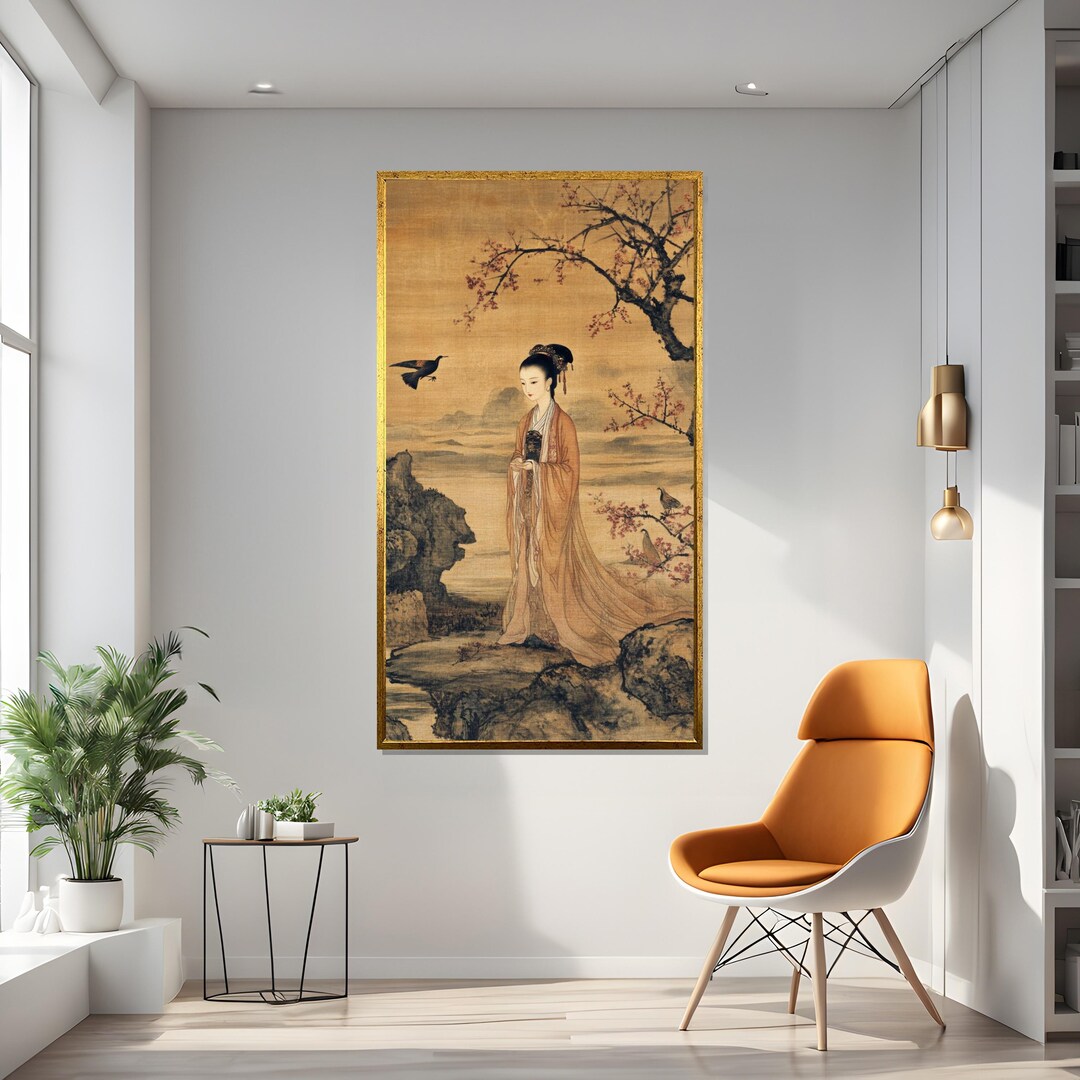 Vintage Asian Canvas Art Elegant Woman Bird, Scenic Wall Print ...