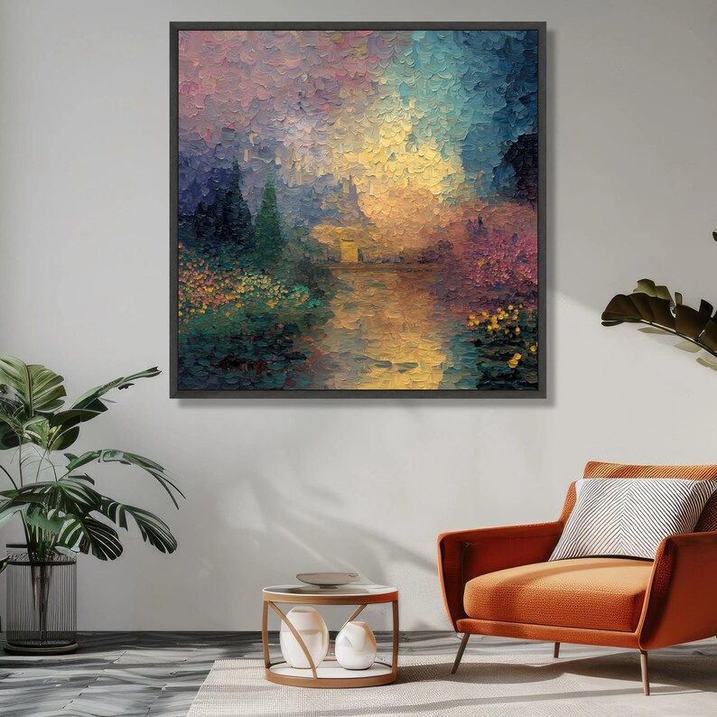 Vibrant Sunset Landscape Canvas, Impasto River Scene, Nature Wall Art ...