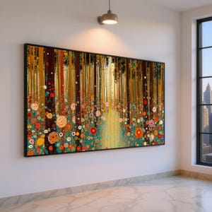 Gustav Klimt Inspired Forest Path Canvas, Abstract Floral Woodland Wall Art, Colorful Modern Nature Canvas, Vibrant Garden Decoration