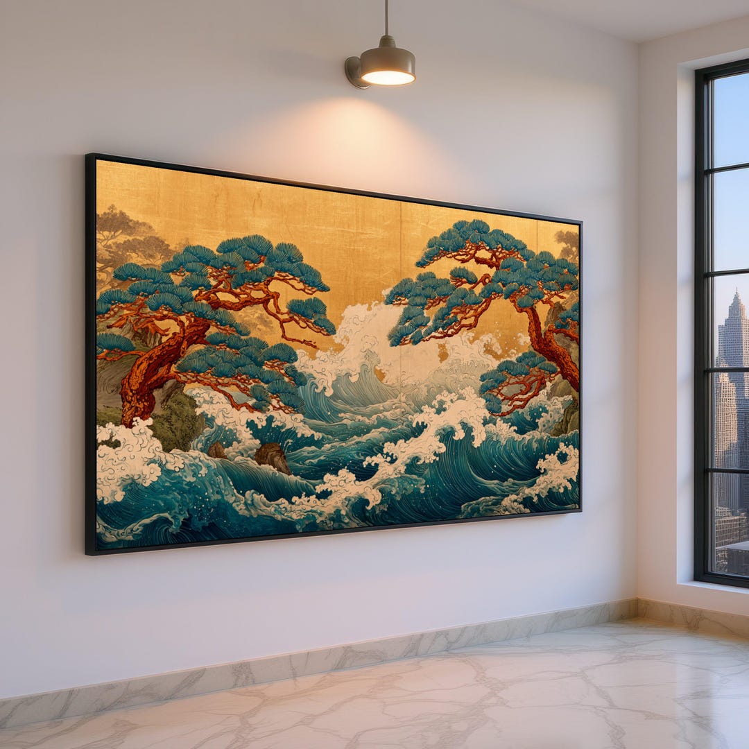 Traditional Japanese Pine Trees and Ocean Waves Canvas Wall Art ...