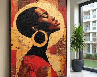 Empowered African Woman Profile Canvas, Ethnic Portrait Wall Art, Modern Abstract Canvas, Bold Red and Gold Home Decor