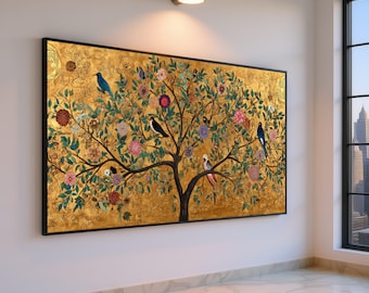Gustav Klimt Tree of Life Canvas, Decorative Floral Wall Art, Gold Leaf Nature Painting, Bird and Flower Canvas, Elegant Home Decor