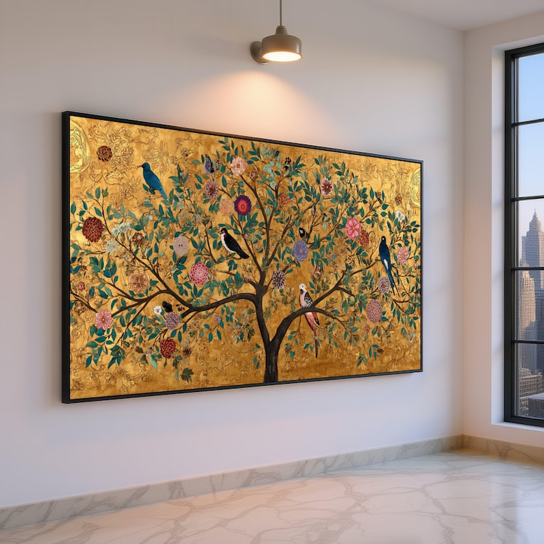 Gustav Klimt Tree of Life Canvas, Decorative Floral Wall Art, Gold Leaf Nature Painting, Bird and Flower Canvas, Elegant Home Decor image 1