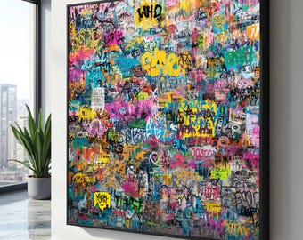 May include: A large, framed artwork featuring a vibrant graffiti design. The artwork is filled with colorful tags, words, and abstract shapes in shades of yellow, pink, blue, and green. The black frame provides a strong contrast to the artwork.