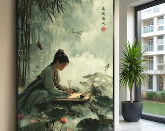 Elegant Woman Painting in Misty Bamboo Garden, Traditional Asian Art Canvas, Oriental Nature Scene, Serene Floral Wall Art, Home Decoration
