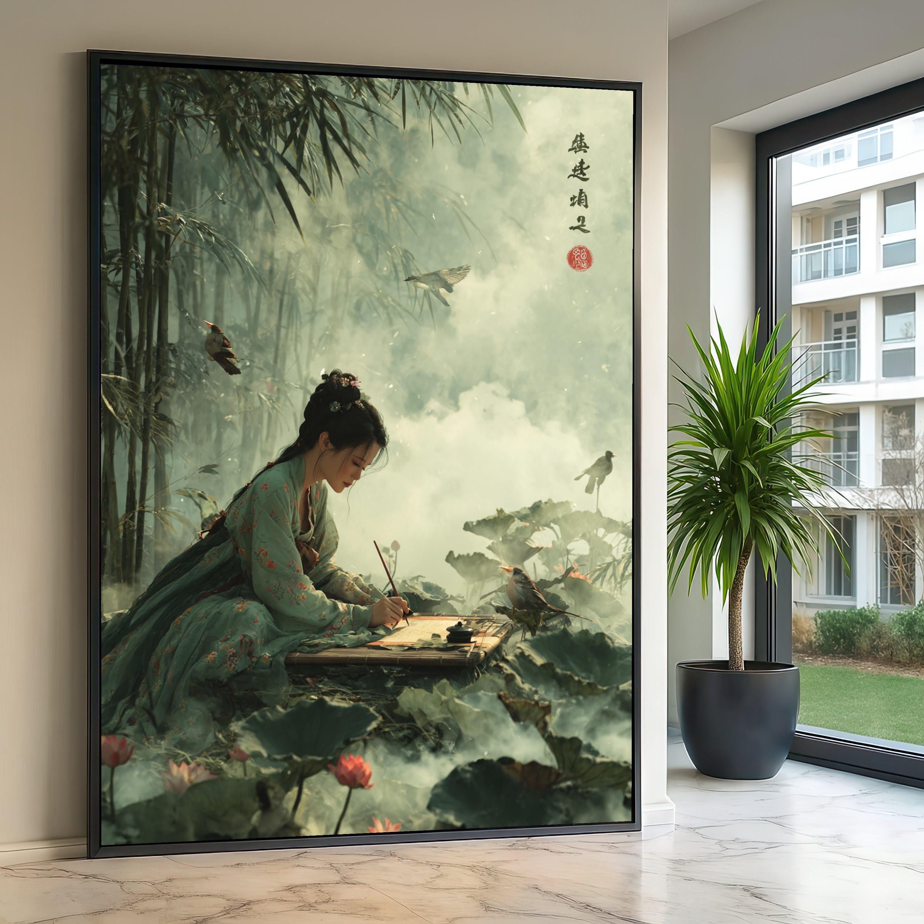 霧深い竹林の優雅な女性の絵画、伝統的なアジアのアートキャンバス