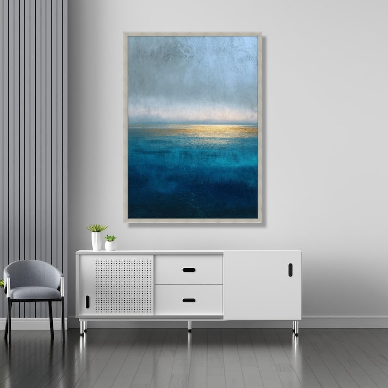 Abstract Ocean Horizon Canvas, Blue and Gold Wall Art, Modern Seascape, Contemporary Rothko Style Canvas, Coastal Home Decoration image 4