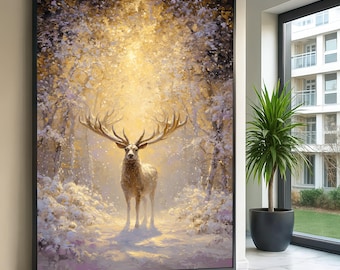 Majestueuze herten in gouden bos canvas, wildlife natuur kunst aan de muur, bosrijke dieren schilderij, decor rustiek huis, klaar om op te hangen canvas
