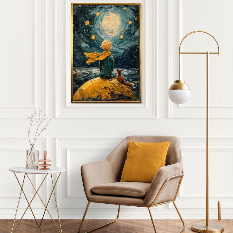 Little Prince Starry Night, Boy with Scarf, Fox Companion, Wall Art Canvas Design, Ready to Hang Decoration, Whimsical Art image 4