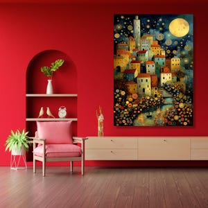 Gustav Klimt Inspired Night Village Canvas, Starry Sky and Moonlight Wall Art, Colorful Scenic Town Landscape Canvas, Artistic Home Decor image 6