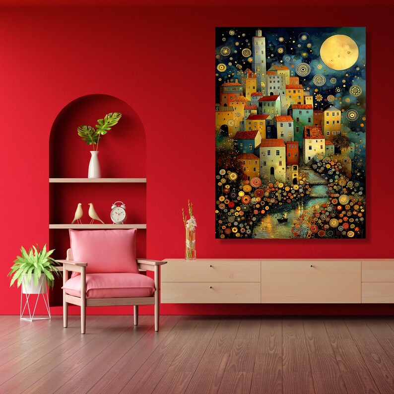 Gustav Klimt Inspired Night Village Canvas, Starry Sky and Moonlight Wall Art, Colorful Scenic Town Landscape Canvas, Artistic Home Decor image 6