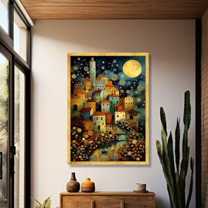Gustav Klimt Inspired Night Village Canvas, Starry Sky and Moonlight Wall Art, Colorful Scenic Town Landscape Canvas, Artistic Home Decor image 2