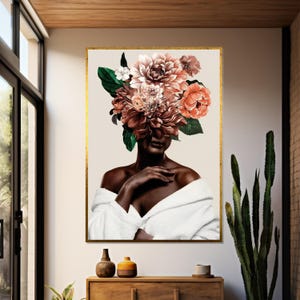 Floral Headpiece Canvas, Flower Portrait Art, Botanical Wall Art, Woman Flora Canvas Design, Ready To Hang Wall Decoration