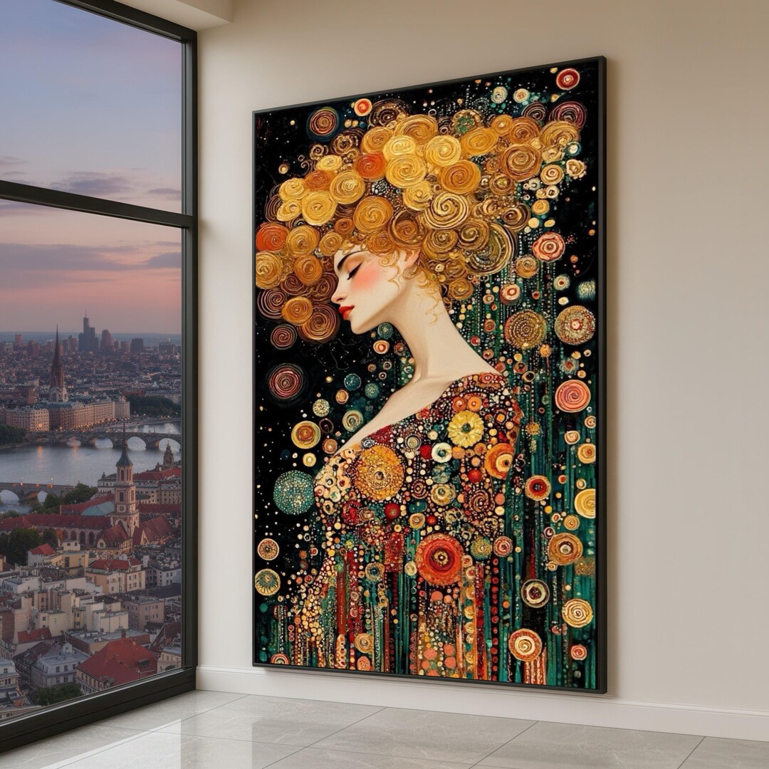 Gustav Klimt Inspired Woman Portrait Canvas, Abstract Floral Art, Gold ...