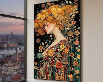 Gustav Klimt Inspired Woman Portrait Canvas, Abstract Floral Art, Gold Swirls Canvas Wall Art, Decorative Modern Home Decor