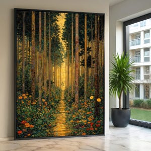 Puede incluir: Impresión en lienzo enmarcada de una escena de bosque. Altos y delgados árboles bordean un camino que conduce a una luz dorada y brillante. El primer plano presenta flores coloridas en tonos naranja y amarillo. La obra se exhibe en un interior moderno.