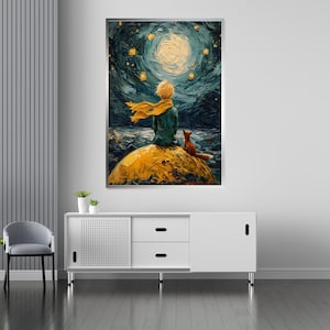 Little Prince Starry Night, Boy with Scarf, Fox Companion, Wall Art Canvas Design, Ready to Hang Decoration, Whimsical Art image 6