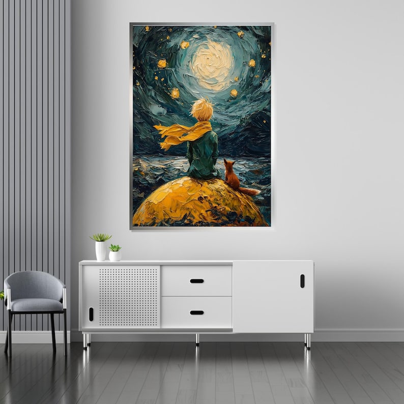 Little Prince Starry Night, Boy with Scarf, Fox Companion, Wall Art Canvas Design, Ready to Hang Decoration, Whimsical Art image 6